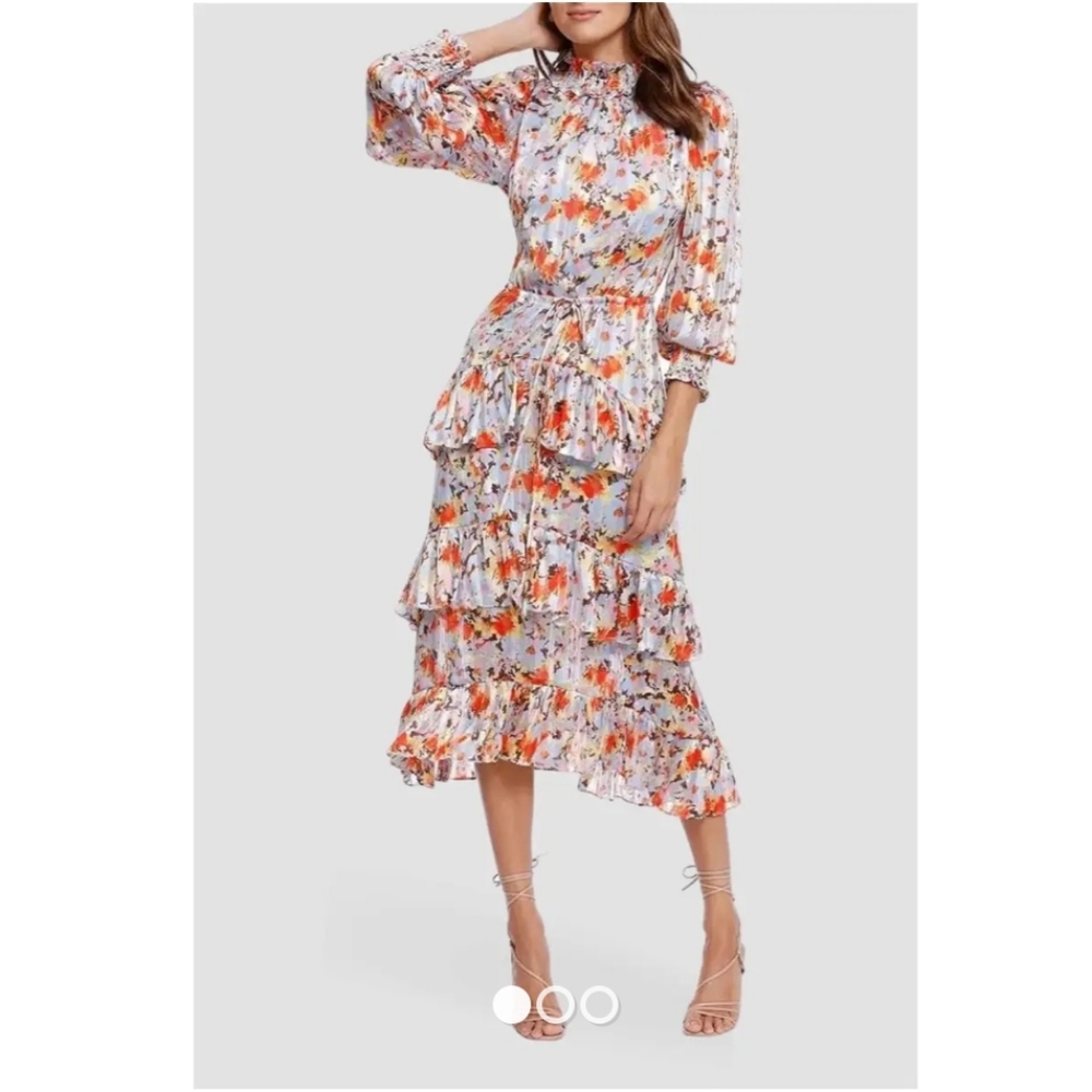 Elliatt Caseria bright floral print ruffle midi Dress high neck size XS.